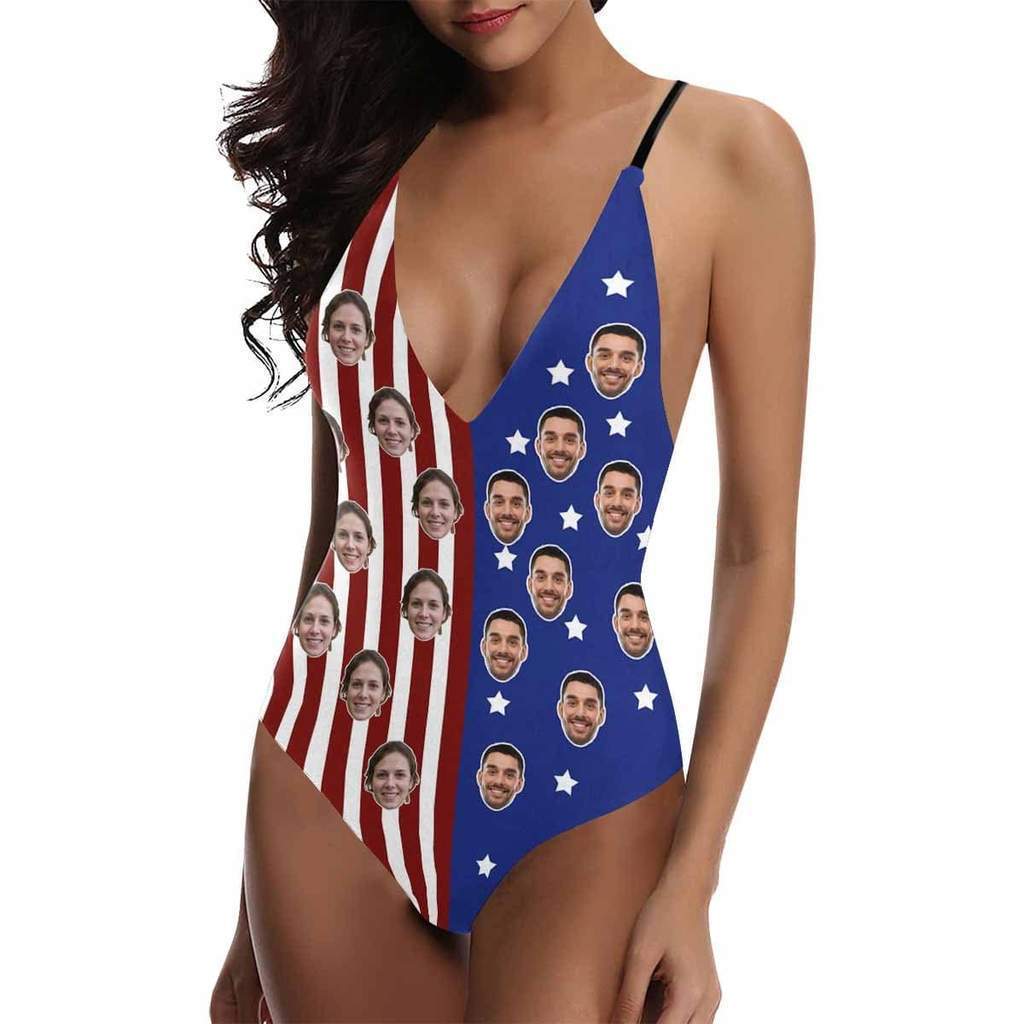Custom Face V-Neck Bikini Women's Photo One Piece Swimsuit - American Flag - MyFaceBoxerUK
