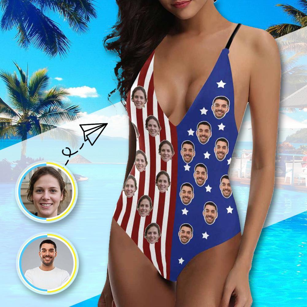 Custom Face V-Neck Bikini Women's Photo One Piece Swimsuit - American Flag - MyFaceBoxerUK