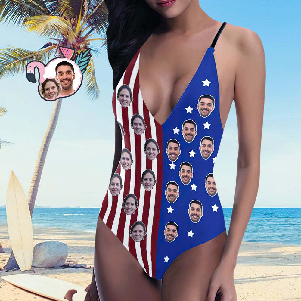 Custom Face V-Neck Bikini Women's Photo One Piece Swimsuit - American Flag - MyFaceBoxerUK