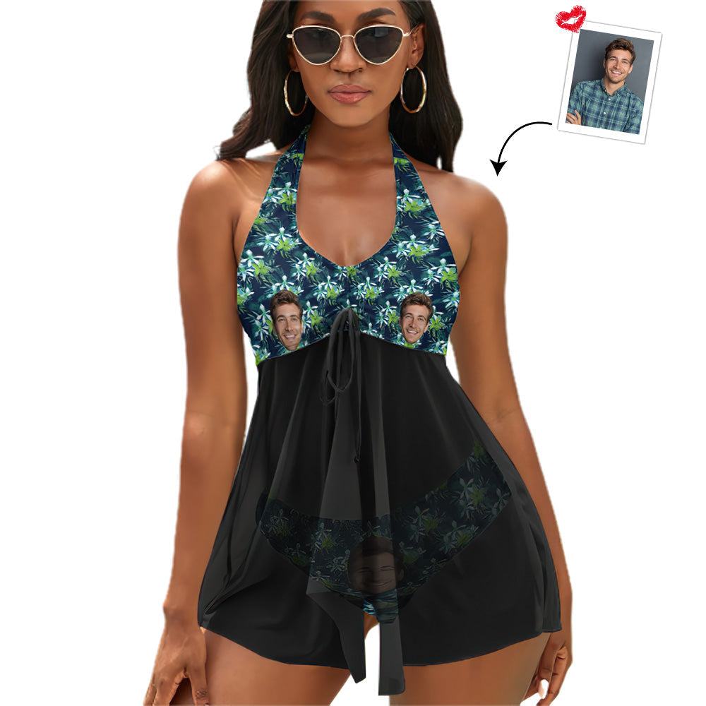 Custom Face Boyfriend Women's Strappy Neck Dress Swimsuit - Leaf	 - MyFaceBoxerUK