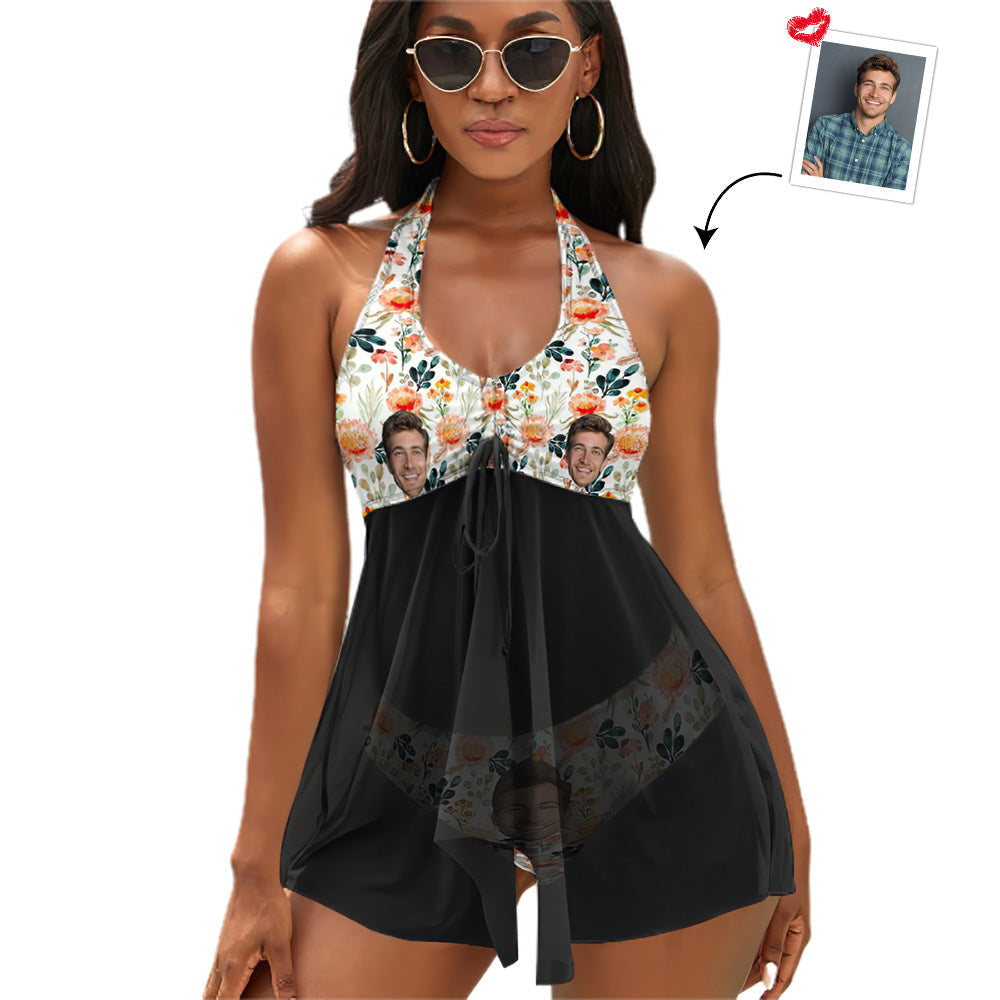 Custom Face Boyfriend Women's Strappy Neck Dress Swimsuit - Flower and Leaf	 - MyFaceBoxerUK