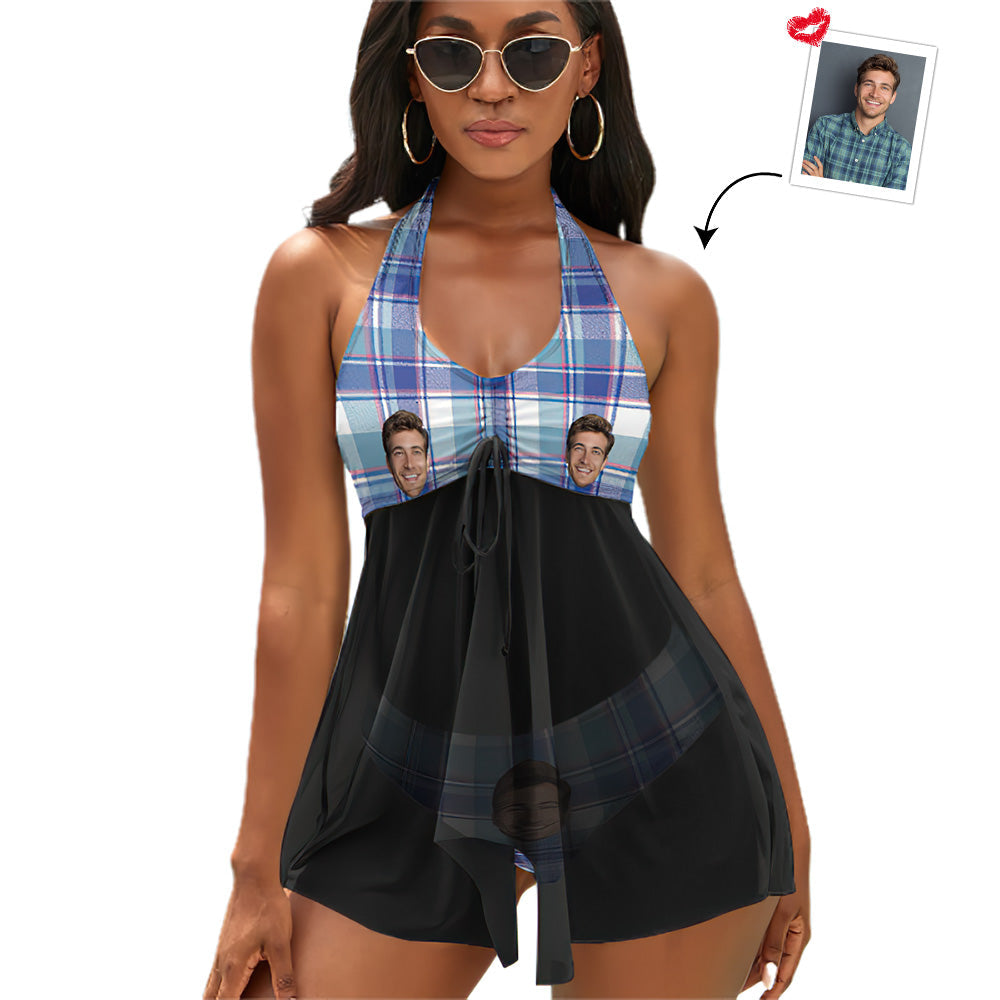 Custom Face Boyfriend Women's Strappy Neck Dress Swimsuit - Blue Grid	 - MyFaceBoxerUK