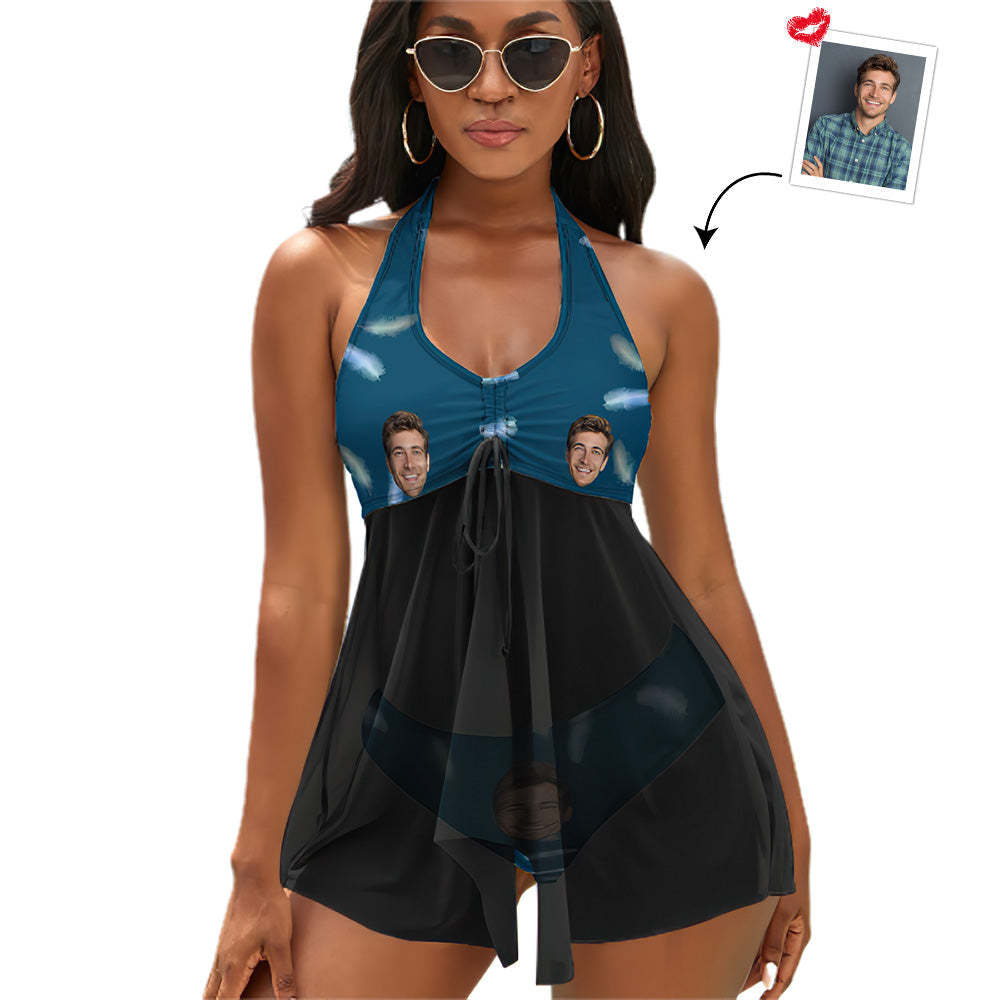 Custom Face Boyfriend Women's Strappy Neck Dress Swimsuit - Feather - MyFaceBoxerUK