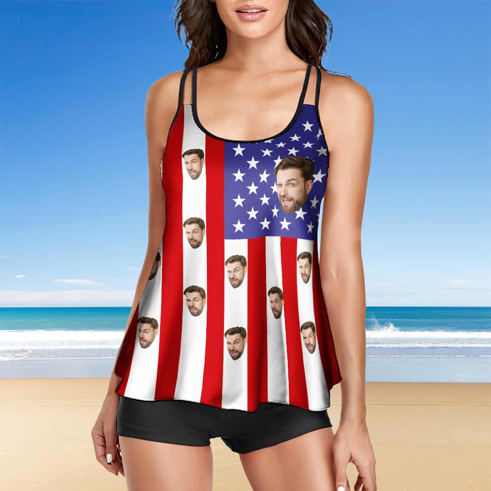 Custom Face Swimwear American Flag Tankini Bathing Suit for Women 2 Piece Swimsuit	 - MyFaceBoxerUK