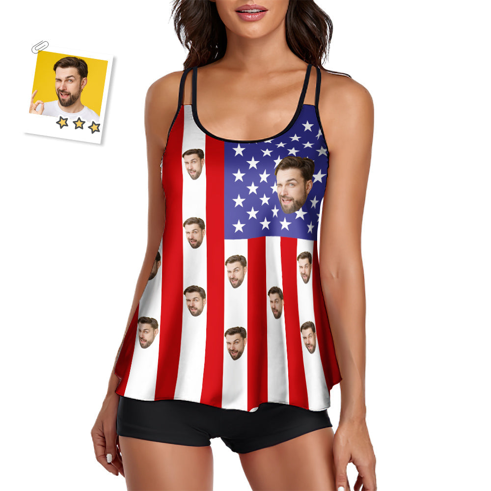 Custom Face Swimwear American Flag Tankini Bathing Suit for Women 2 Piece Swimsuit	 - MyFaceBoxerUK
