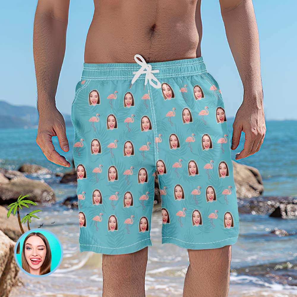 Custom Head Photo and Flamingo Blue Men's Beach Trunks	 - MyFaceBoxerUK