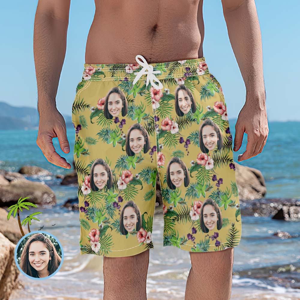 Men's Custom Face Beach Trunks Photo Shorts - Rainforest	 - MyFaceBoxerUK