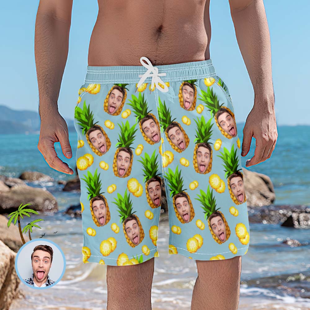 Men's Custom Face Beach Trunks Photo Shorts - Pineapple	 - MyFaceBoxerUK
