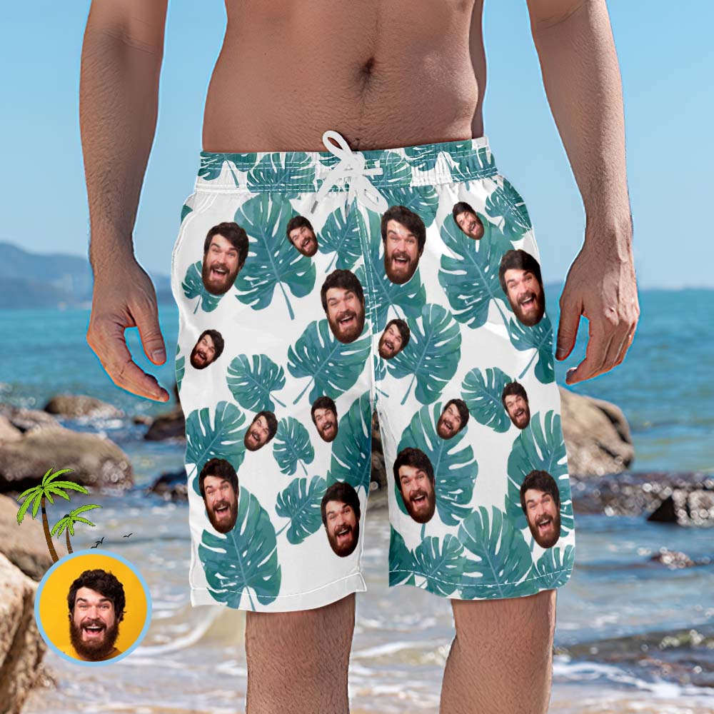 Men's Custom Face Beach Trunks Photo Shorts - Green Leaves	 - MyFaceBoxerUK