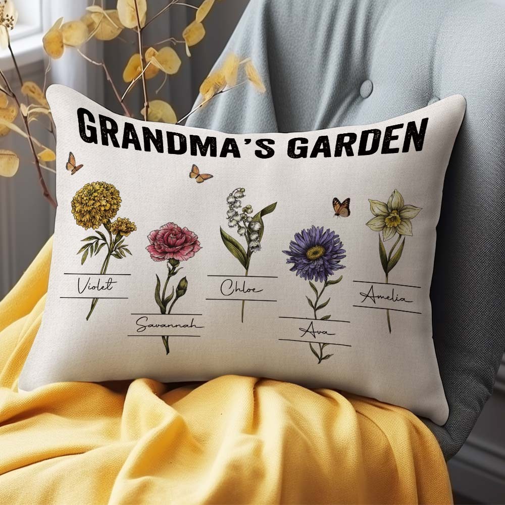 Personalized Birth Month Flower Pillow With Name Vintage Grandma's Garden Pillow Gift For Grandma Mom - MyFaceBoxerUK