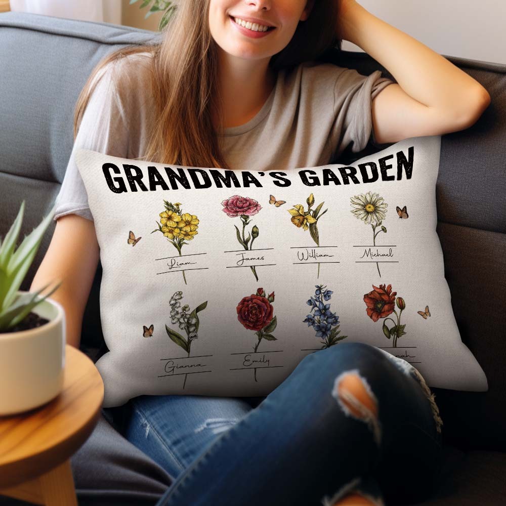 Personalized Birth Month Flower Pillow With Name Vintage Grandma's Garden Pillow Gift For Grandma Mom - MyFaceBoxerUK