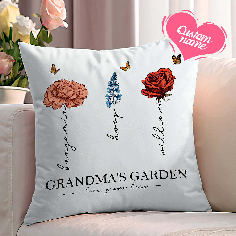 Personalized Birth Flower Pillow Grandma's Garden Love Grows Here Throw Pillow Mother's Day Gift - MyFaceBoxerUK