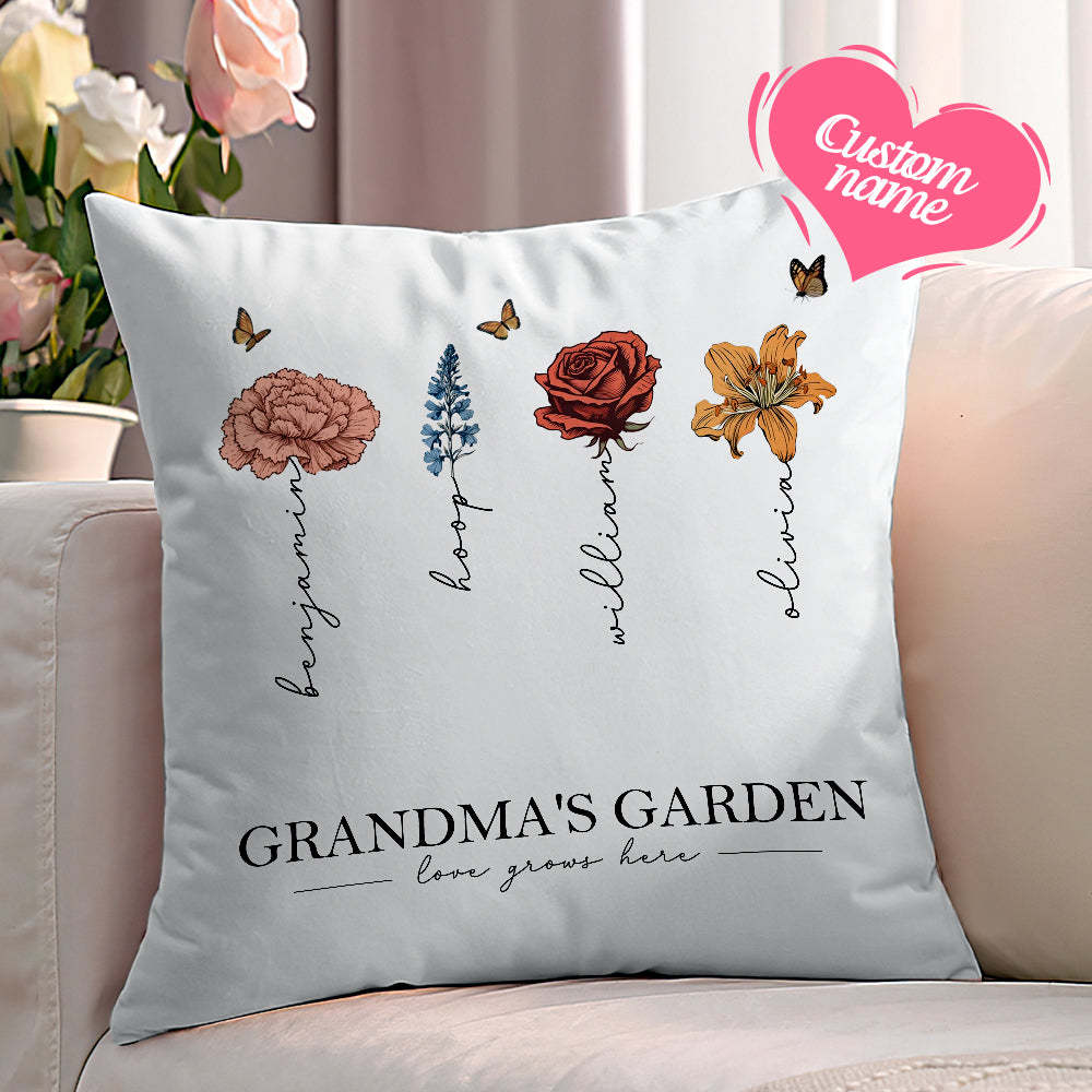 Personalized Birth Flower Pillow Grandma's Garden Love Grows Here Throw Pillow Mother's Day Gift - MyFaceBoxerUK