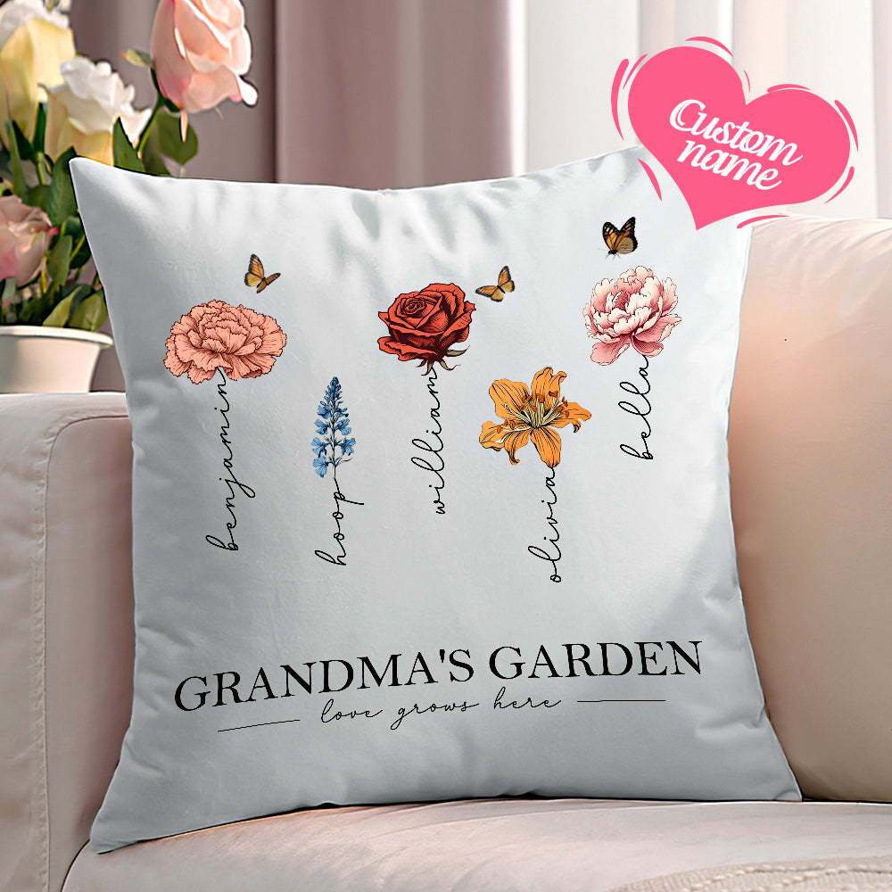 Personalized Birth Flower Pillow Grandma's Garden Love Grows Here Throw Pillow Mother's Day Gift - MyFaceBoxerUK