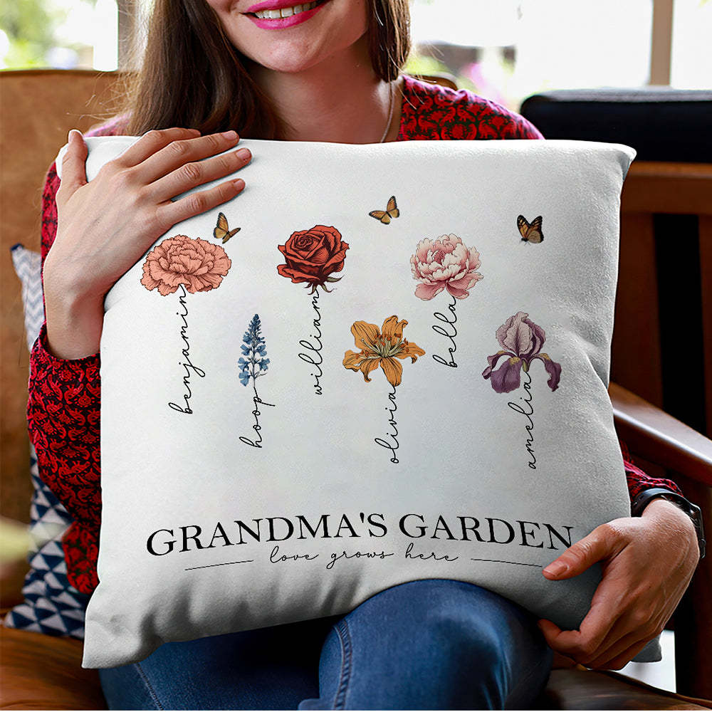 Personalized Birth Flower Pillow Grandma's Garden Love Grows Here Throw Pillow Mother's Day Gift - MyFaceBoxerUK