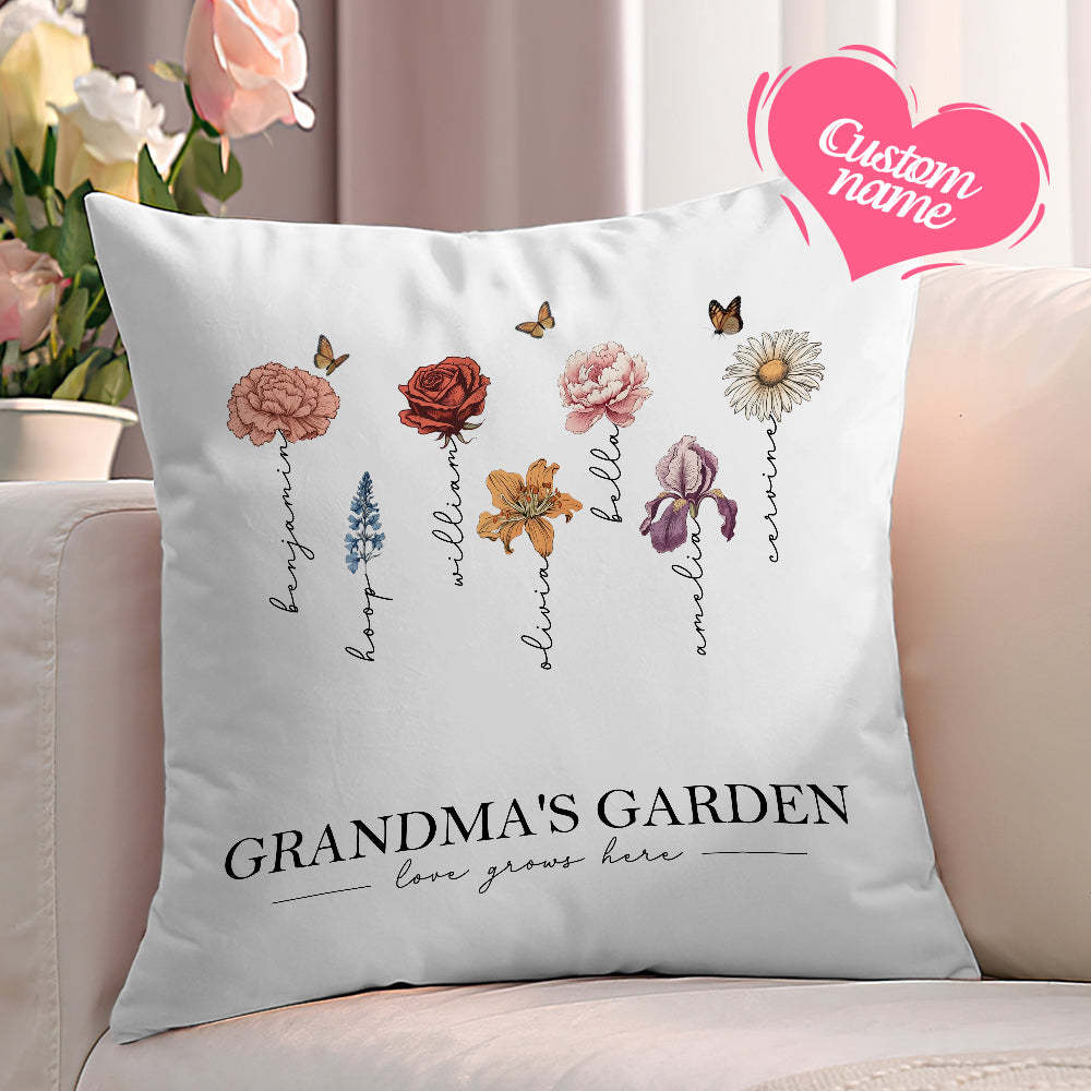 Personalized Birth Flower Pillow Grandma's Garden Love Grows Here Throw Pillow Mother's Day Gift - MyFaceBoxerUK