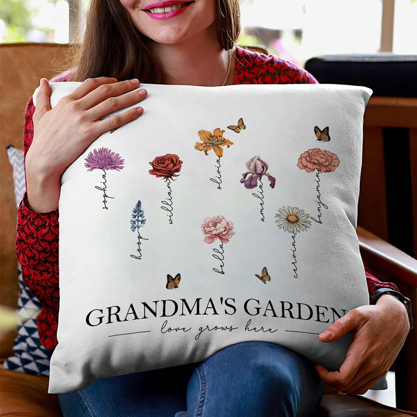 Personalized Birth Flower Pillow Grandma's Garden Love Grows Here Throw Pillow Mother's Day Gift - MyFaceBoxerUK
