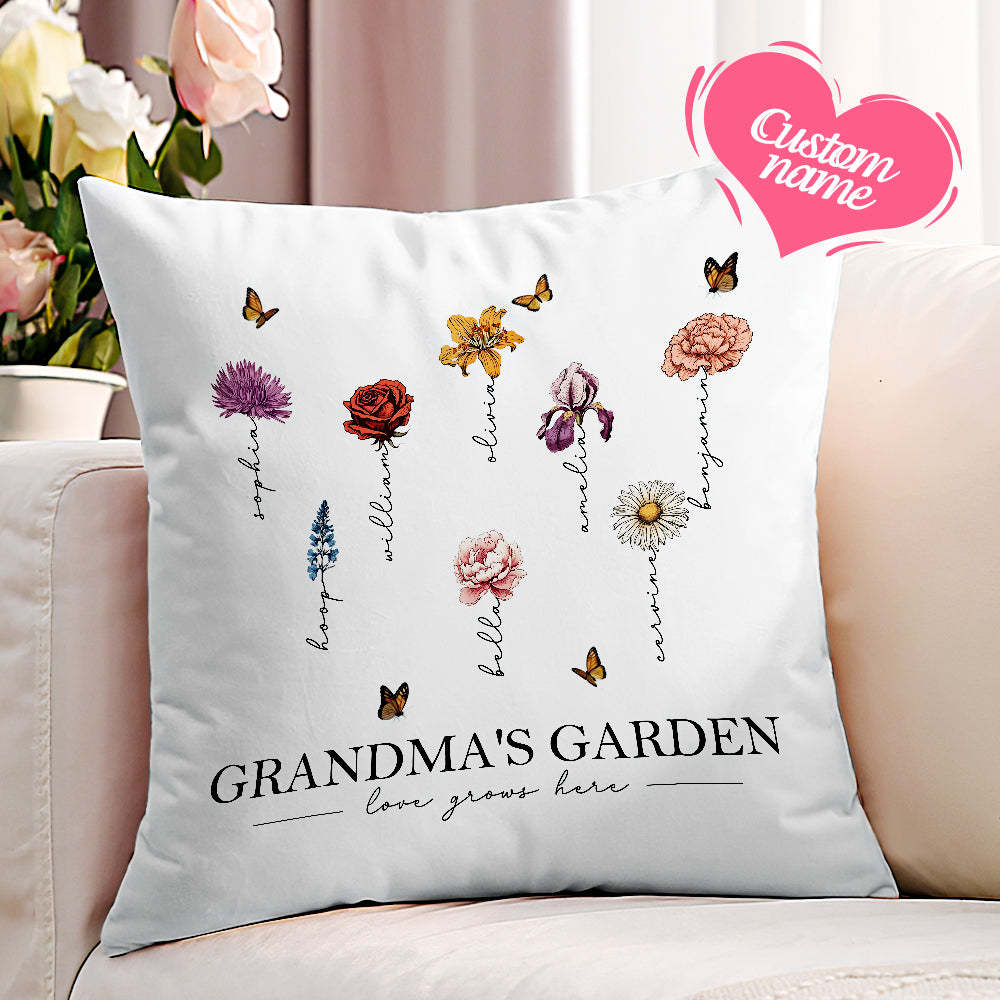 Personalized Birth Flower Pillow Grandma's Garden Love Grows Here Throw Pillow Mother's Day Gift - MyFaceBoxerUK