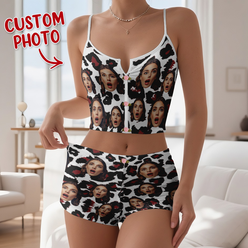 Valentine's Gifts Custom Face Appliques Notched Neckline Lingerie Set Leopard Print - MyfaceboxerUK