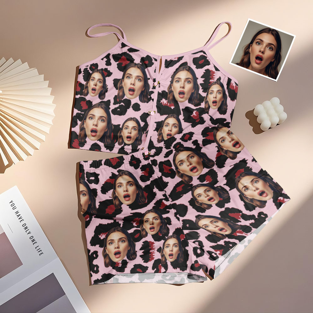 Valentine's Gifts Custom Face Appliques Notched Neckline Lingerie Set Leopard Print - MyfaceboxerUK