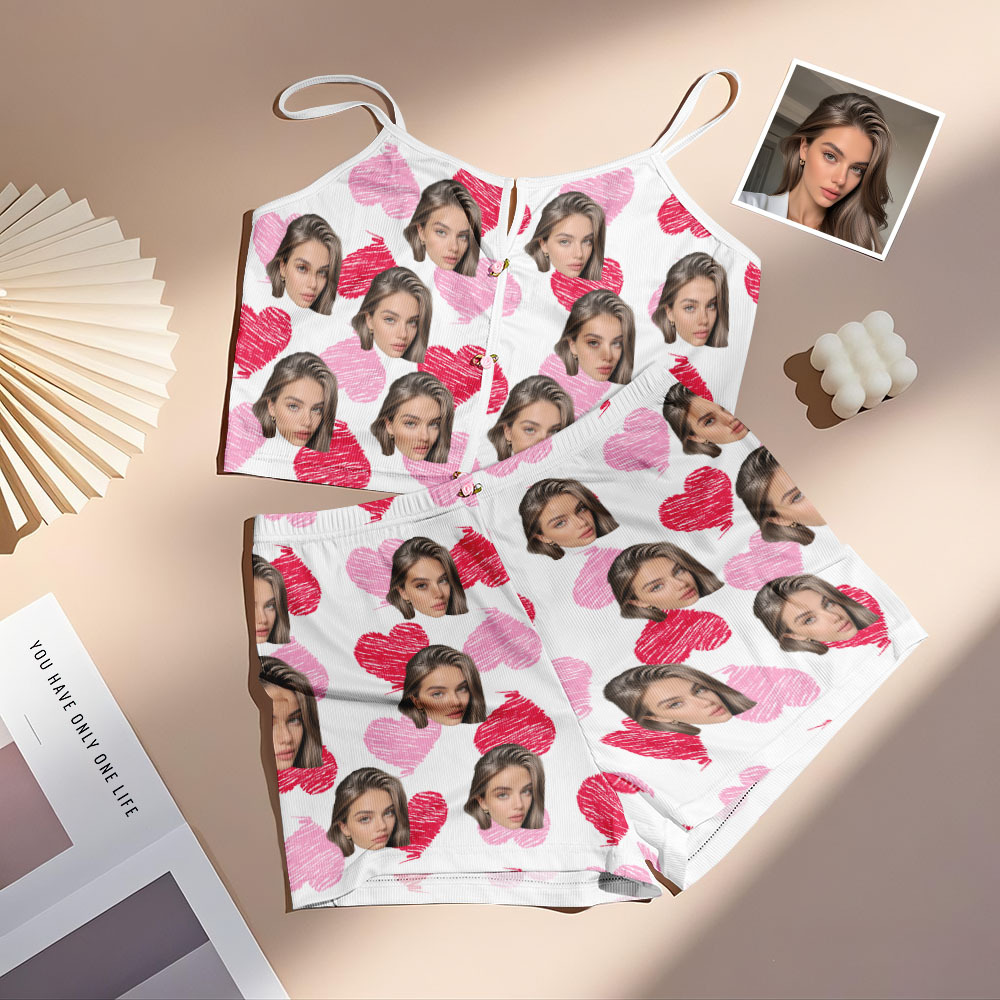 Valentine's Gifts Custom Face Appliques Notched Neckline Lingerie Set Red and Pink Heart - MyfaceboxerUK