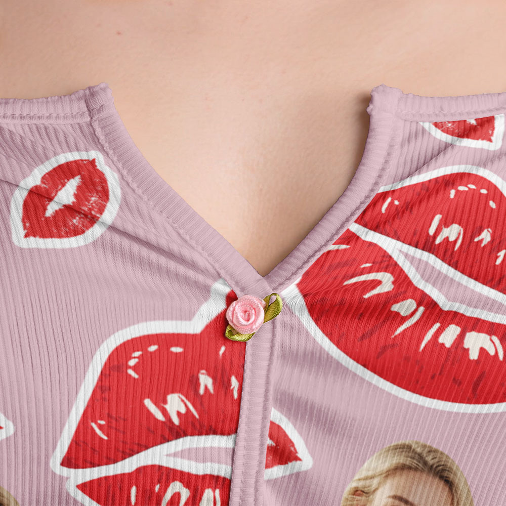 Valentine's Gifts Custom Face Appliques Notched Neckline Lingerie Set Red Lips - MyfaceboxerUK