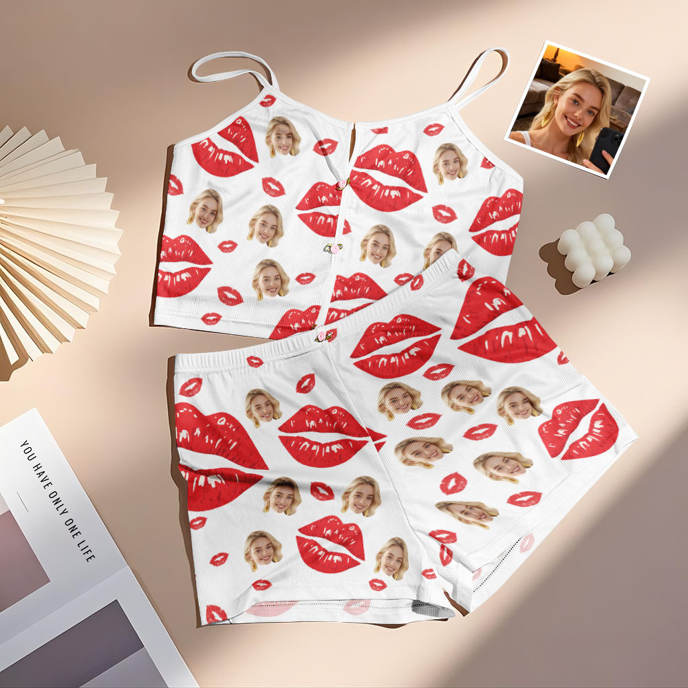 Valentine's Gifts Custom Face Appliques Notched Neckline Lingerie Set Red Lips - MyfaceboxerUK