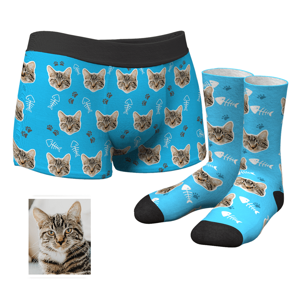Men's Custom Cat Boxer Shorts And Crew Socks Set - MyFaceBoxerUK