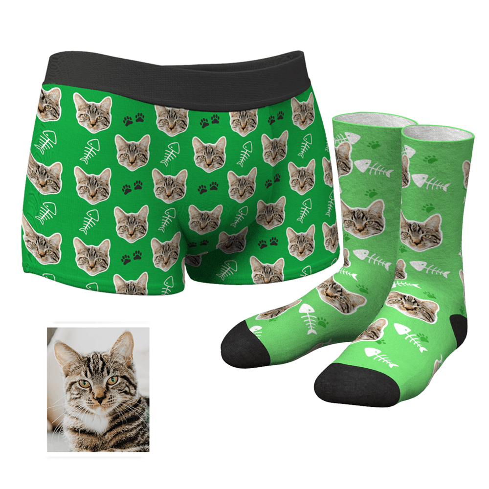 Men's Custom Cat Boxer Shorts And Crew Socks Set - MyFaceBoxerUK