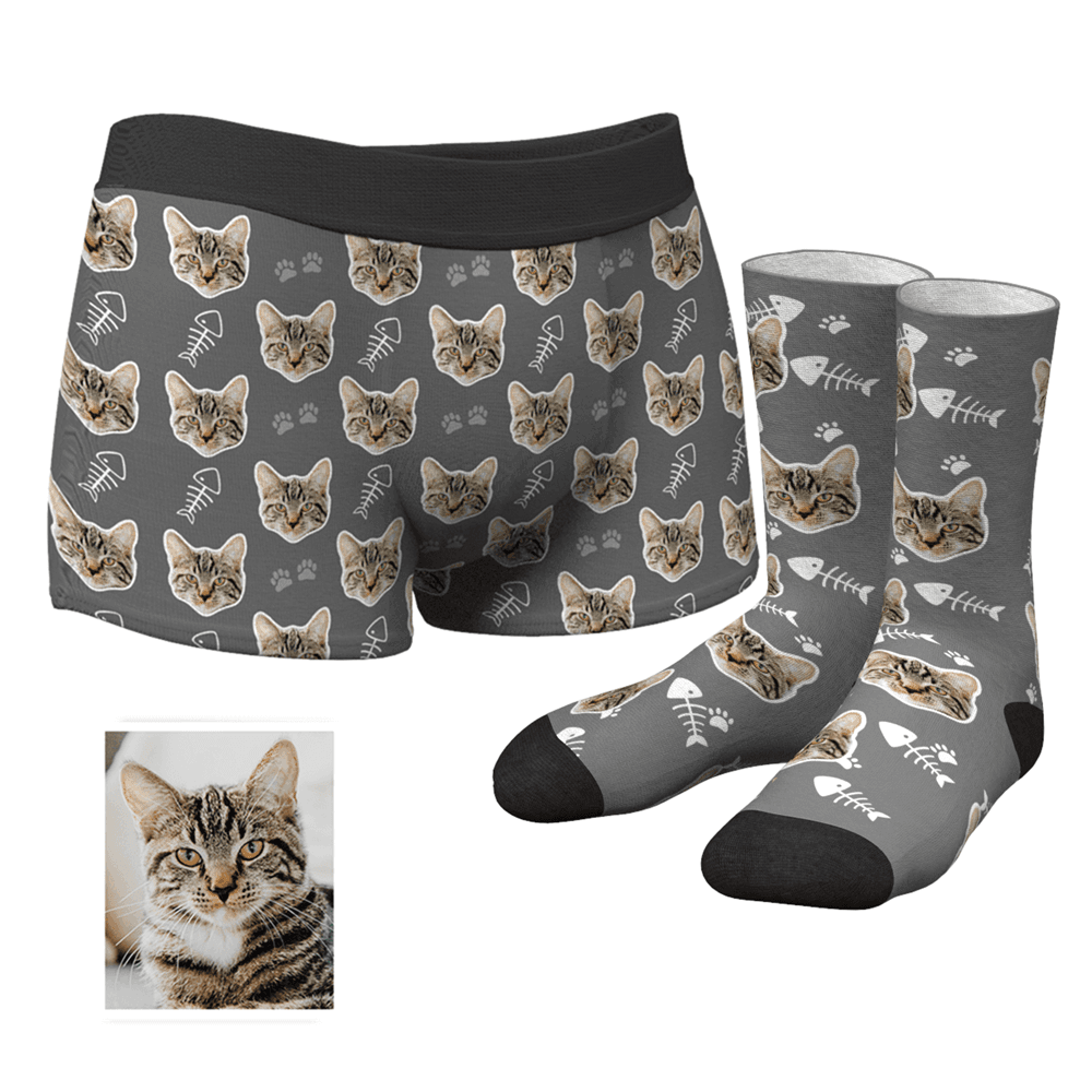 Men's Custom Cat Boxer Shorts And Crew Socks Set - MyFaceBoxerUK