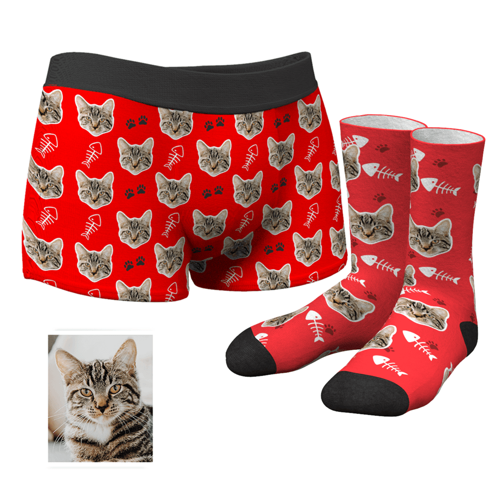 Men's Custom Cat Boxer Shorts And Crew Socks Set - MyFaceBoxerUK