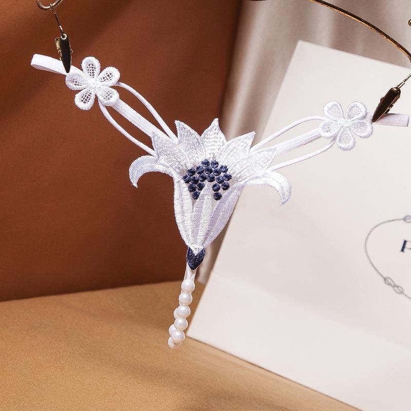 Pearl Thong Underwear - Low Rise Erotic Temptation Panty Flower Beading One Size Panties