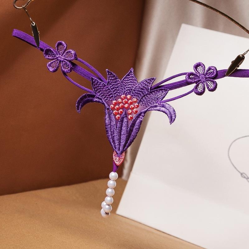 Pearl Thong Underwear - Low Rise Erotic Temptation Panty Flower Beading One Size Panties