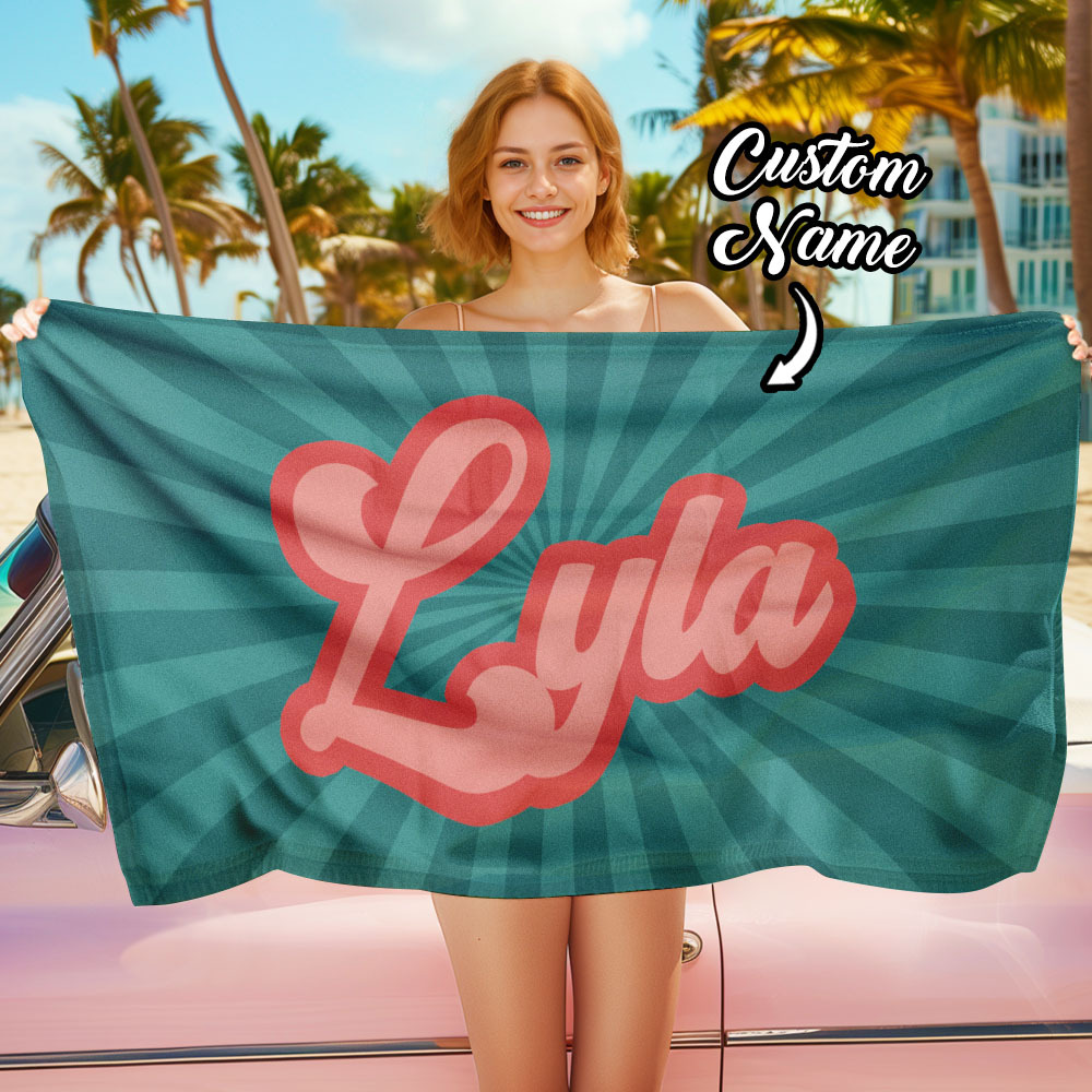 RETRO Style Personalized Beach Towel Personalized Name Bath Towel Custom Beach Towel With Name Outside Birthday Vacation Gift - MyFaceBoxer