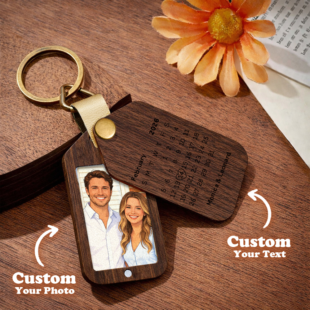 Personalized Wooden Cartoon Style Photo Keychain Customized Date Gift for Couple