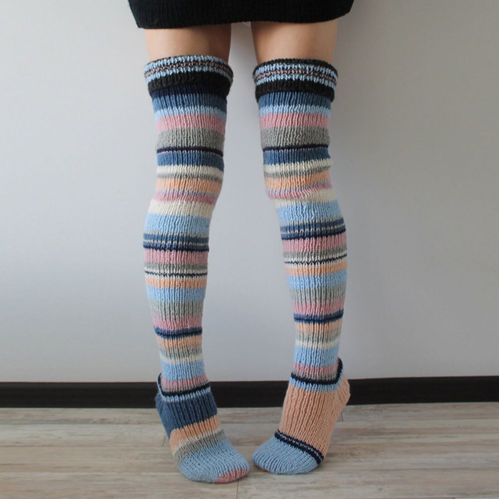 Women Winter Leg Warmers Striped Over The Knee Knitted Pile Socks - MyFaceBoxerUK