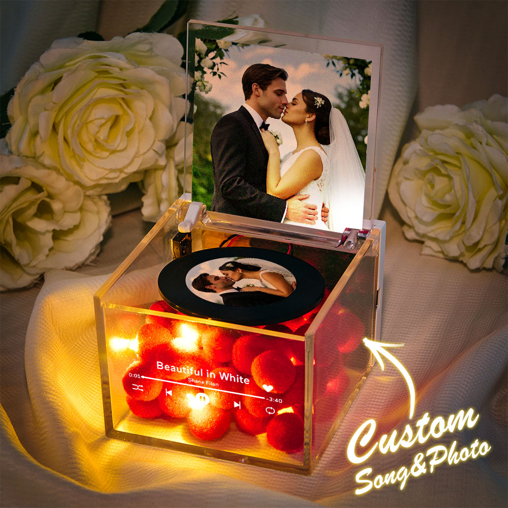 Personalized Mini Music Record Player For Wedding Custom Names and Calendar in an Acrylic Box Perfect for Newly Married Couples	 - MyFaceBoxerUK
