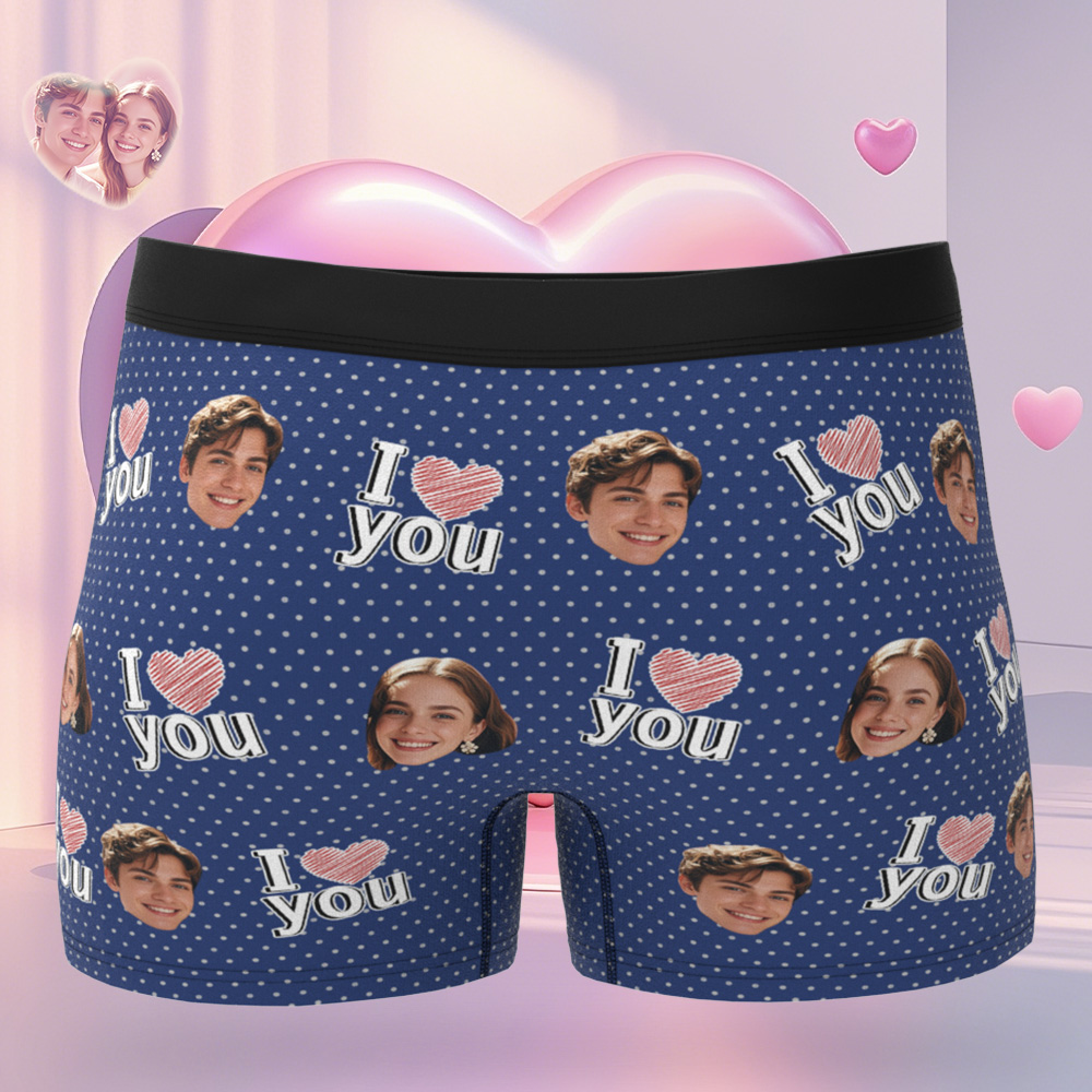 Personalized Face Men's Boxer Blue Underwear Gifts for Husband I Love You Heart Men Face Boxer - MyfaceboxerUK