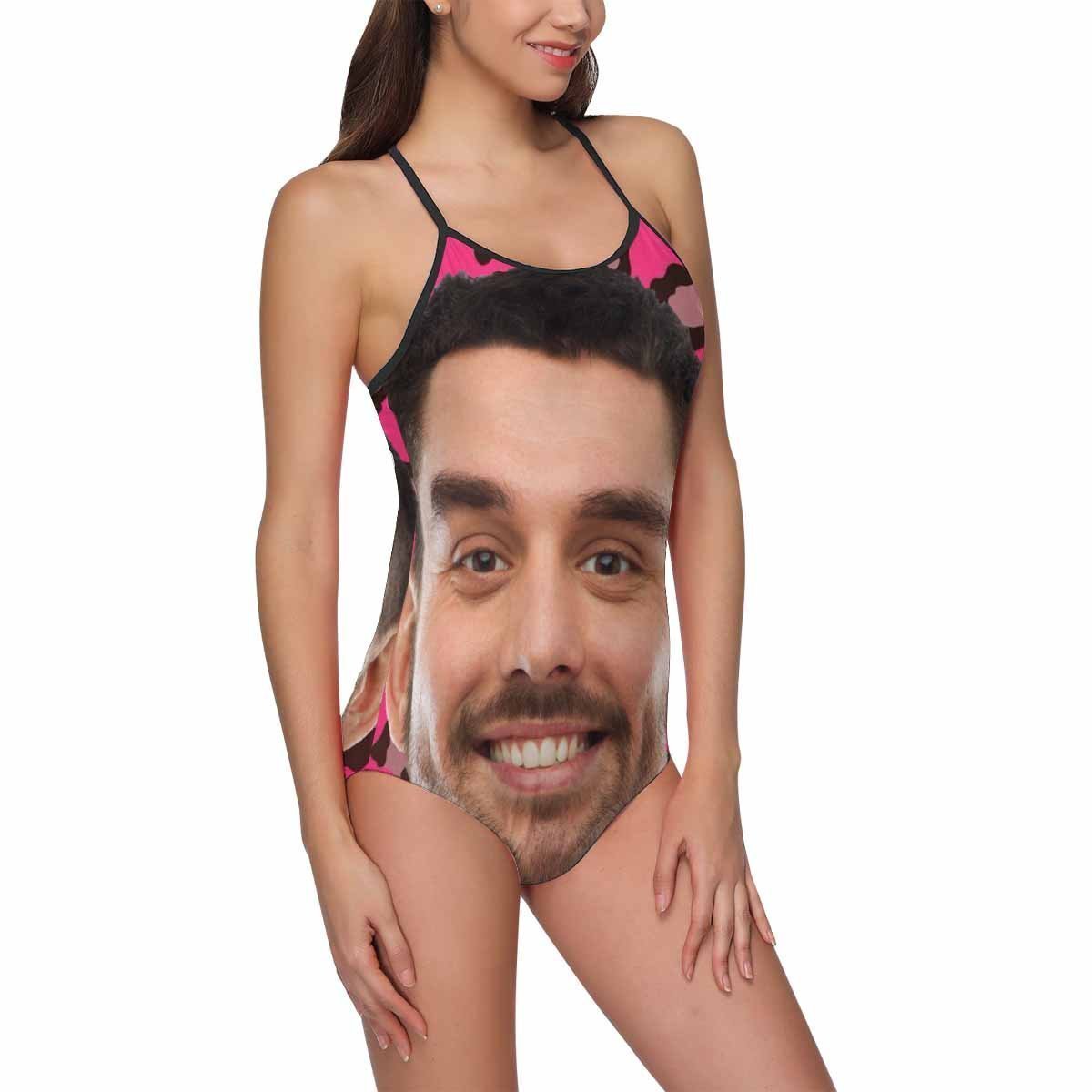 Custom Face Pink Background Funny Women's Slip One Piece Swimsuit - MyFaceBoxerUK
