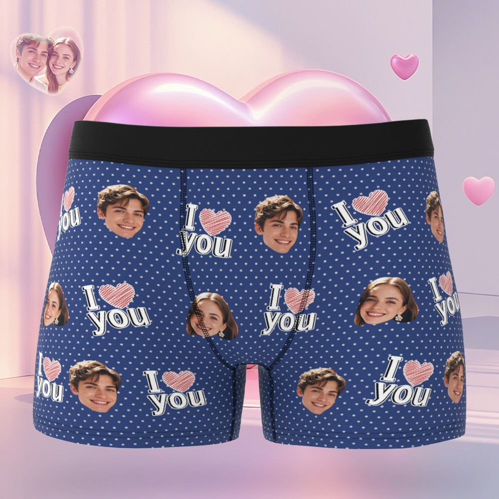 Personalized Face Men's Boxer Blue Underwear Gifts for Husband I Love You Heart Men Face Boxer - MyfaceboxerUK