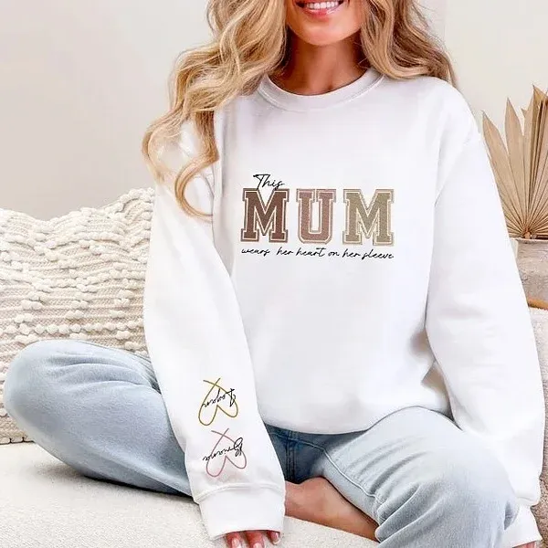 Embroidered Custom Mum Wears Her Heart On Her Sleeve T-Shirts, Sweatshirts, Hoodies