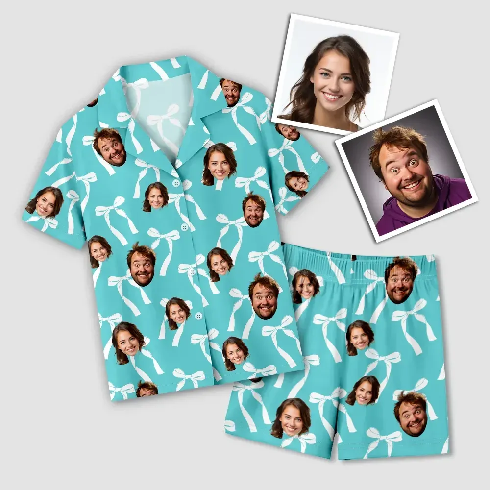 Custom Face Short Sleeve Pajamas Custom Bow Couple Gift Photo Pajamas Suit - MyfaceboxerUK