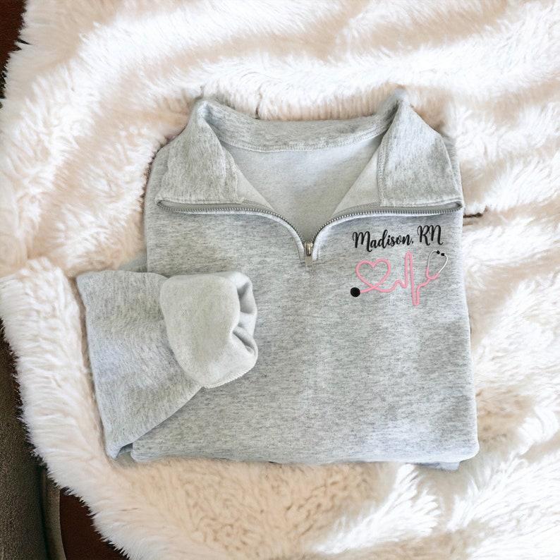 Custom Embroidered Monogram Nurse Quarter Zip Sweatshirt, Gift for Nurses, Graduation Gifts for Nurses, Heartbeat Nurse Sweatshirt - MyFaceBoxerUK