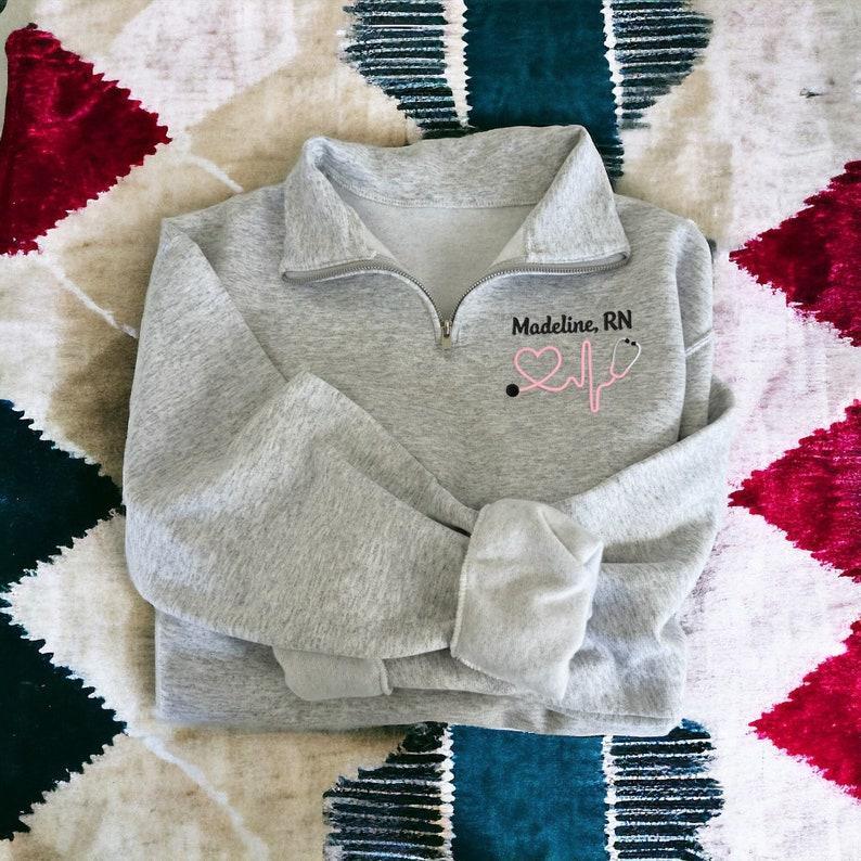 Custom Embroidered Monogram Nurse Quarter Zip Sweatshirt, Gift for Nurses, Graduation Gifts for Nurses, Heartbeat Nurse Sweatshirt - MyFaceBoxerUK