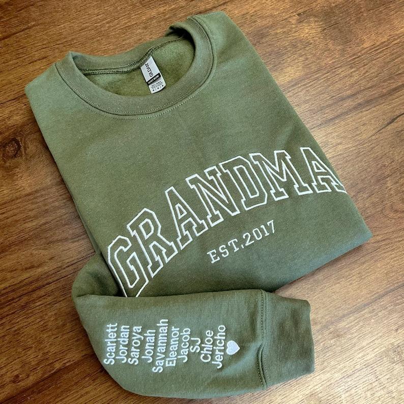 Custom Embroidered Sweatshirt, Name On Sleeve With Heart, Grandma Shirt With Date, Mama Est Year Shirt	 - MyFaceBoxerUK