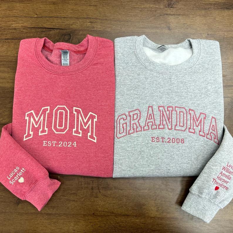Custom Embroidered Sweatshirt, Name On Sleeve With Heart, Grandma Shirt With Date, Mama Est Year Shirt - MyFaceBoxerUK