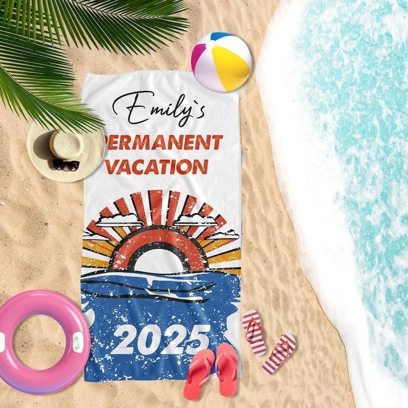 Permanent Vacation Personalized Beach Towel Gift, Custom Teacher Retirement 2025 Towels, Retirement Gifts with Name, Funny Retiree Gift