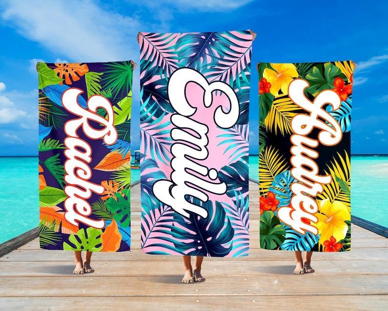 Hawaiian Style Custom Beach Towel, Personalized Beach Towel, Personalized Name Bath Towel, Custom Pool Towel, Summer Vacation Gifts