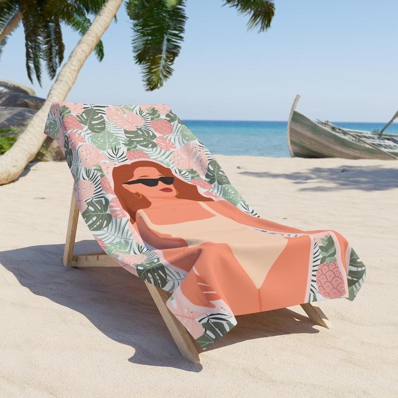 Personalized Photo Retro Beach Towel, Vintage Style Poolside Accessory, Summer Must-Have, Vacation Towel, Tropical Leaves, Auburn Red Head or Brunette Hair
