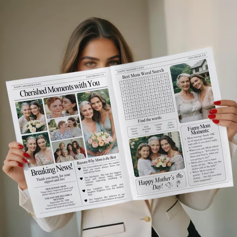 Personalised Mother's Day Newspaper Gift Photo Collage Flower Bouquet Wrap Newspaper